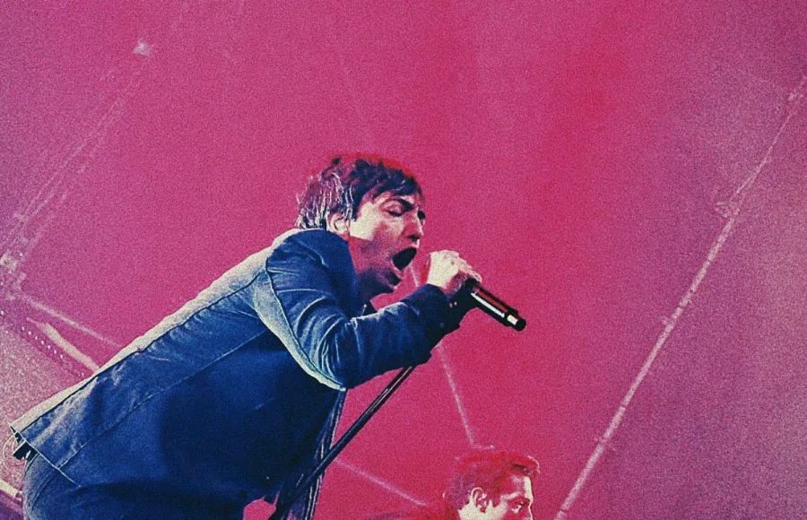 Adrián Dárgelos cantando con Babasonicos bajo luz rosa, foto de Maru di Rago
