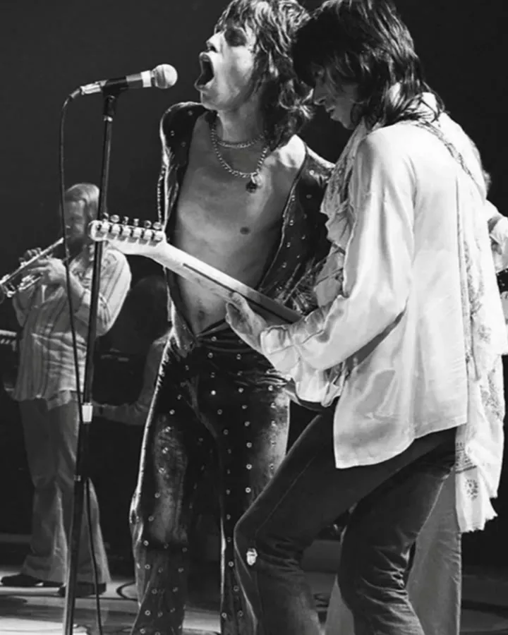 Foto en blanco y negro de un show, con el cantante y la guitarra