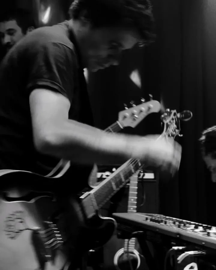 Guitarrista en blanco y negro durante un show